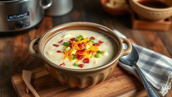 Crockpot potato and bacon soup with cheese and onions.
