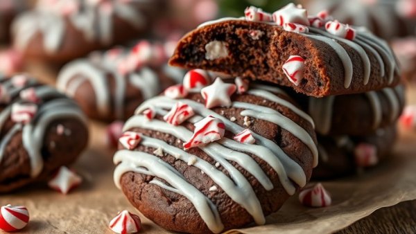 Death by Chocolate Peppermint Cookies stacked with candy cane.