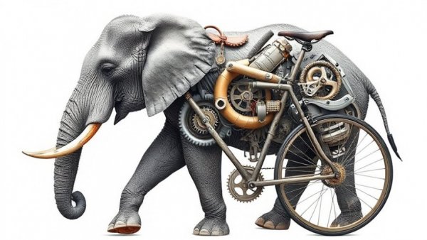 Abstract collage blending elephant and bicycle, showcasing ambitious mechanistic interpretability.