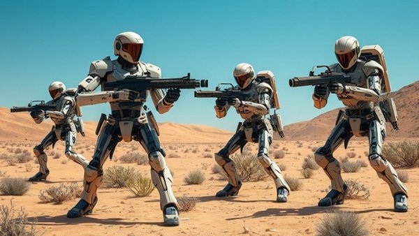 AI-controlled combat robots in a desert setting.