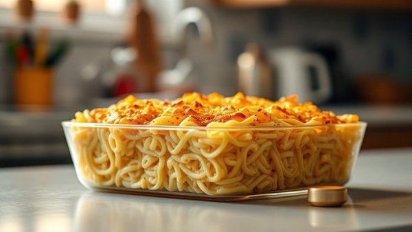 Golden brown easy noodle casserole, freshly baked in dish.
