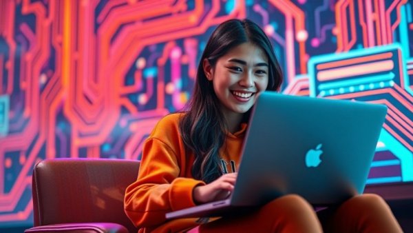 Young woman with laptop in tech-themed setting for ChatGPT Vs. Gemini Vs. Claude Comparison.