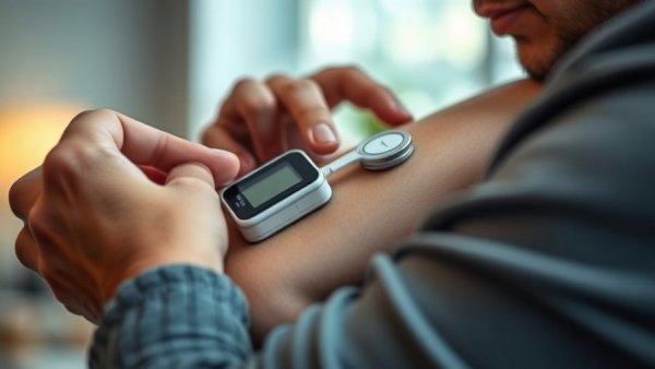 Close-up of a person with a glucose monitor on their arm, faulty Abbott glucose monitors.