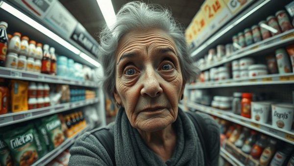 Elderly woman enjoying retail therapy in a store aisle, monochrome