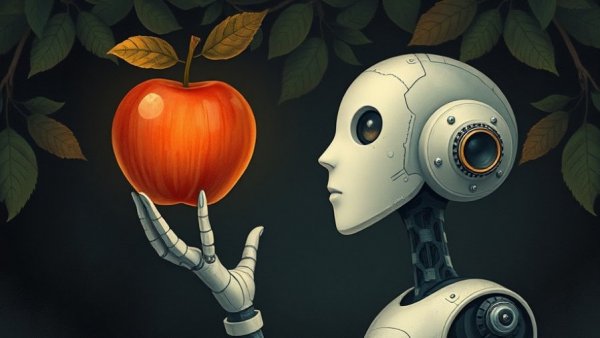 Surreal illustration of AI model as humanoid robot pondering gravity with apple.
