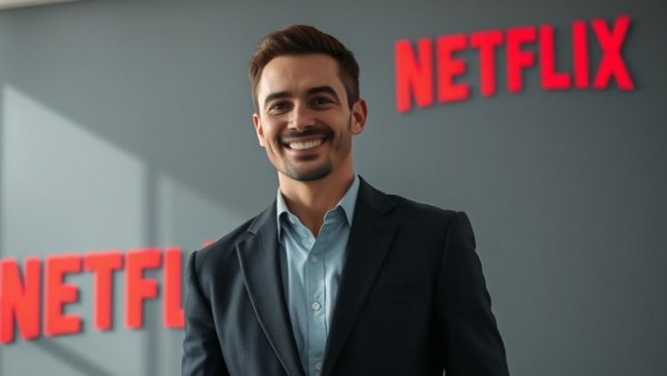 Smiling man in suit with Netflix in background, related to Netflix Warner Bros. deal.