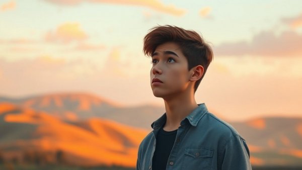 Reflective man in serene landscape with soft sunset.