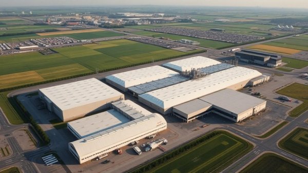 Aerial view of tech hub facility related to Grok 5 AGI set in green fields.