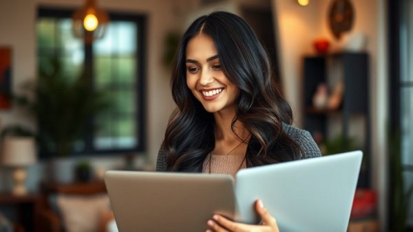 Woman in floral dress holding laptop, 2026 Health Planning Class setting.