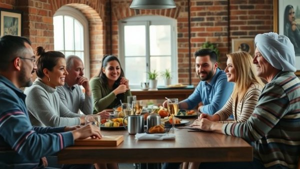 Casual gathering discussing food intolerance testing around a dining table.