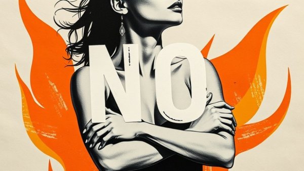 Collage figure with 'NO' overlay, abstract flames, Google Gemini Ads 2026.