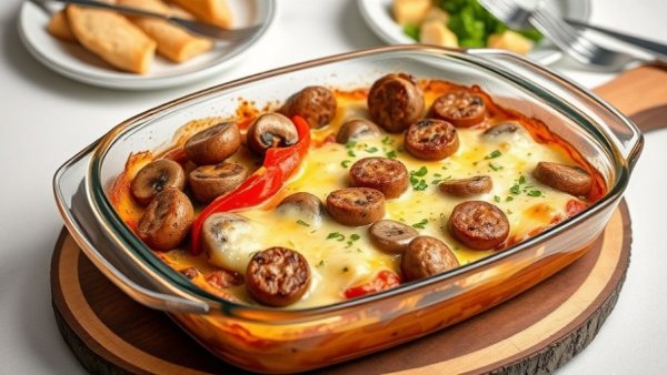 Appetizing low-carb sausage, peppers, mushrooms bake with melted cheese.