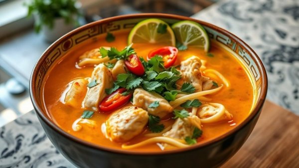Bowl of curry chicken noodle soup with herbs and lime.