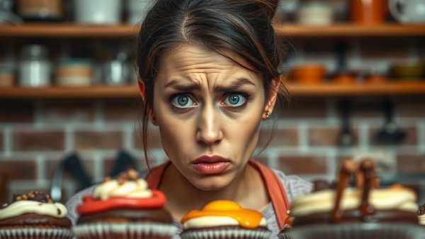 Frustrated woman with food cravings looking at dessert in kitchen.