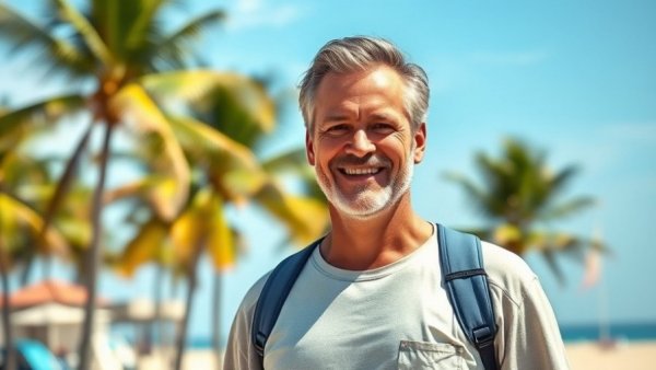 Smiling man enjoying a sunny day by the beach; AI for remote patient monitoring concept.