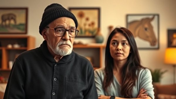 Elderly man and young woman standing together in a cozy living room.