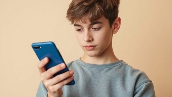 Teen focused on social media usage on a blue smartphone.