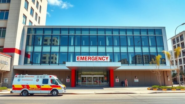 Emergency department entrance with ambulance parked outside, AI scribes in emergency departments