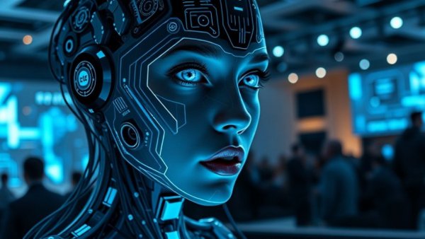 Open Source AI Agent launch presentation with cybernetic face on screen.