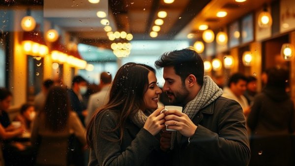 Cozy cafe scene with couple sharing drinks during rain, amid AI-generated Christmas ad controversy.