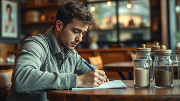 Young man writing by hand in a cozy cafe, highlighting manual writing benefits.