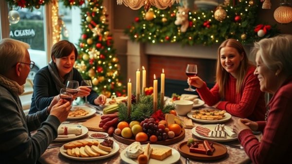 Festive table with healthy holiday recipes, cheese, and fruits.