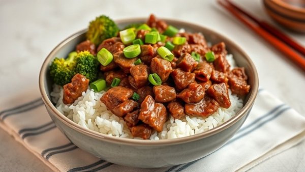 Delicious ground beef and broccoli over rice in a bowl.