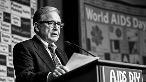 HIV expert at World AIDS Day event, vintage photo, data censorship issue.