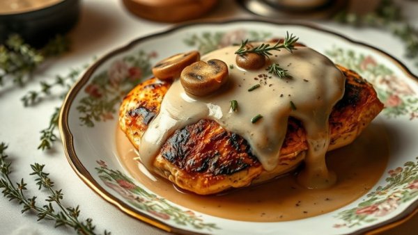 30 Minute Skillet Chicken with Parmesan Mushroom Gravy on floral plate.