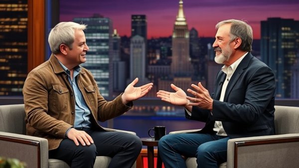 Men discussing lively topics on a talk show, parenting with ChatGPT.