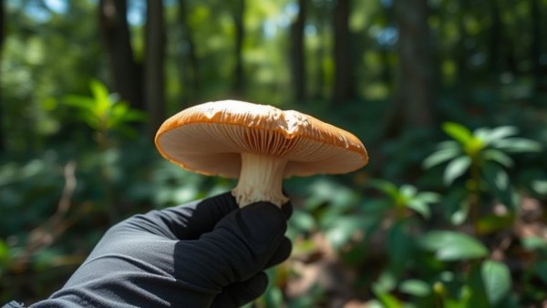 Death cap mushroom in California forest held by gloved hand.