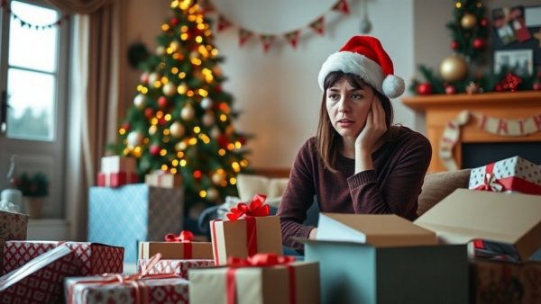 Frustrated woman in Santa hat with Christmas decorations, AI Christmas tricks.