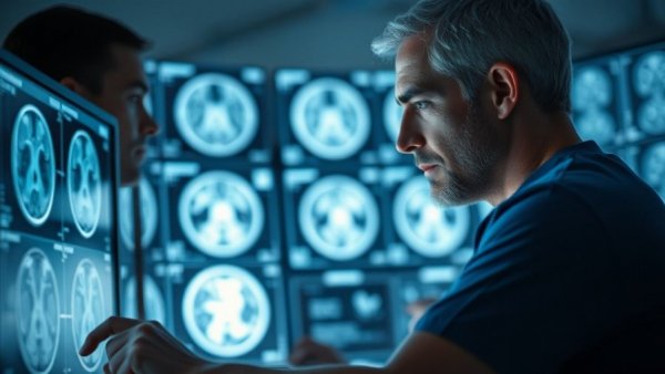 Medical professionals analyzing MRI scans in a dimly lit room.