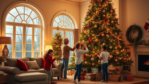 Festive family decorating Christmas tree, thoughtful gift ideas for kids, warm holiday scene.