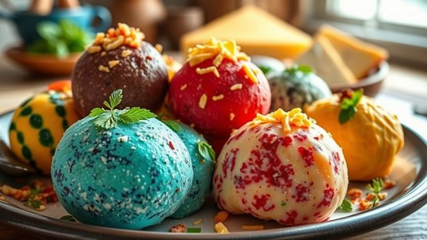 Vibrant holiday cheese truffles with natural garnishes.
