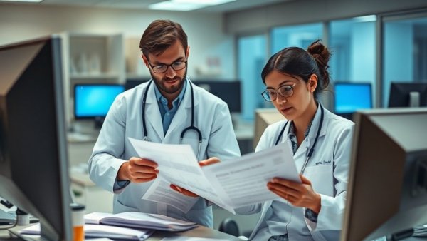 Healthcare professionals analyzing documents in a medical office.