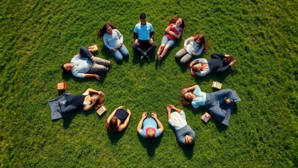 Students practicing mindfulness on grass, promoting mandated mindfulness in schools.