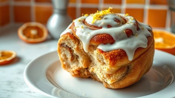 Fluffy Orange Cinnamon Roll with cream cheese icing on plate.