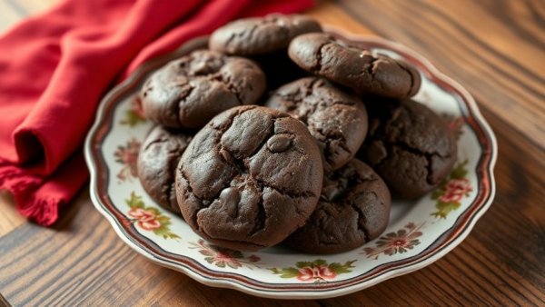 Flourless sugar-free chocolate cookies on a plate with red cloth.