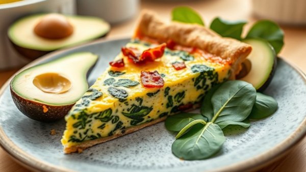 Delicious make-ahead breakfast, spinach and bacon quiche slice on a plate.