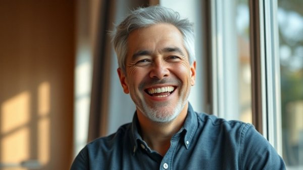 Happy middle-aged man smiling brightly indoors, SMART amalgam removal safety.