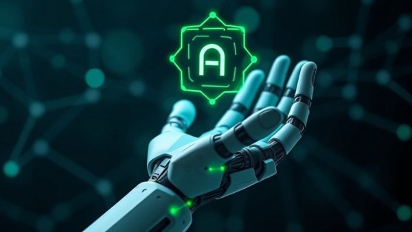 AI-driven NFT creation concept with robotic hand and AI symbol.