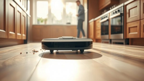 iRobot vacuum cleaning a modern kitchen floor with sunlight and person in background.
