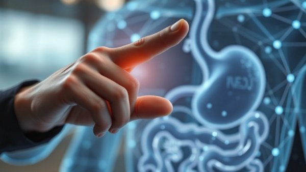 Futuristic digestive system hologram representing gut microbiome and metabolic health.