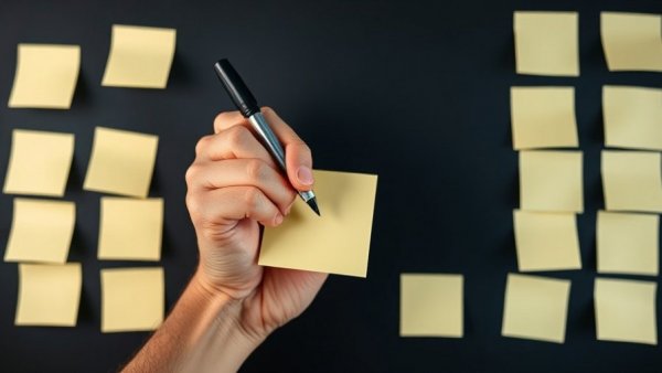 Hands writing on sticky note, organized on dark background for peace of mind.