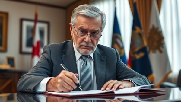 AI regulations and federal oversight concept with executive signing papers in office.