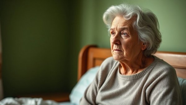 Thoughtful elderly woman sitting on bed reducing frustration in seniors.