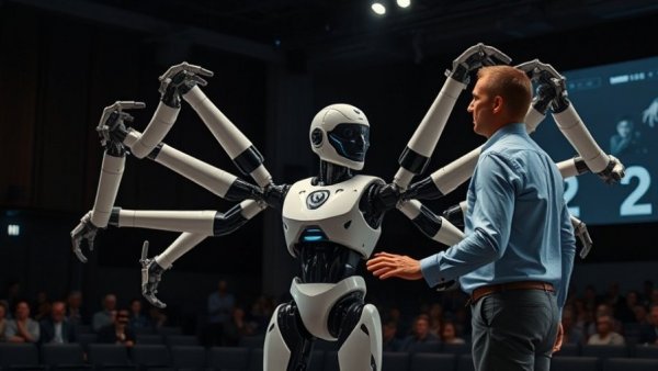 China's six-arm AI robot demonstrating on stage.