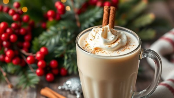 Festive sugar-free eggnog with cinnamon stick and whipped cream.
