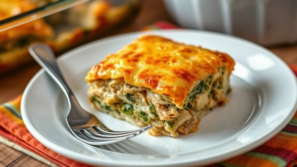 Cheesy green chile chicken enchilada casserole slice on a plate.